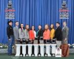 10 people standing in front of blue curtain with awards on 7 white pedestals