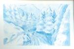 冬季场景的水彩艺术，人们在雪林中滑雪橇